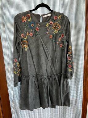 Zara Charcoal Gray Dress with Multicolor Floral Embroidery